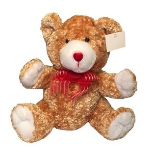 Dan Dee Brown Teddy Bear Stuffed Animal with a Red Heart Nose and a Red Bow